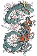 dragon with samurai warrior holding sword and cherry blossom tree tattoo design idea