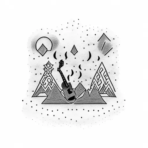 A dotwork tattoo of a silhouette of Noah Kahan playing guitar next to a bonfire tattoo design idea