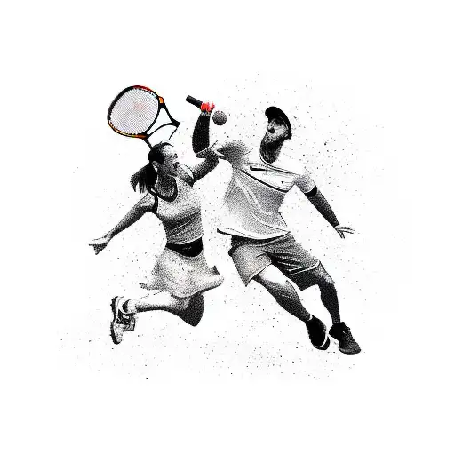 A dynamic and action-packed scene of two padel players in mid-match, showcasing their skills and passion for the sport tattoo design idea