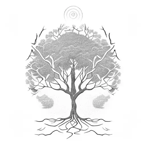 A tree of knowledge with roots forming philosophical symbols tattoo design idea