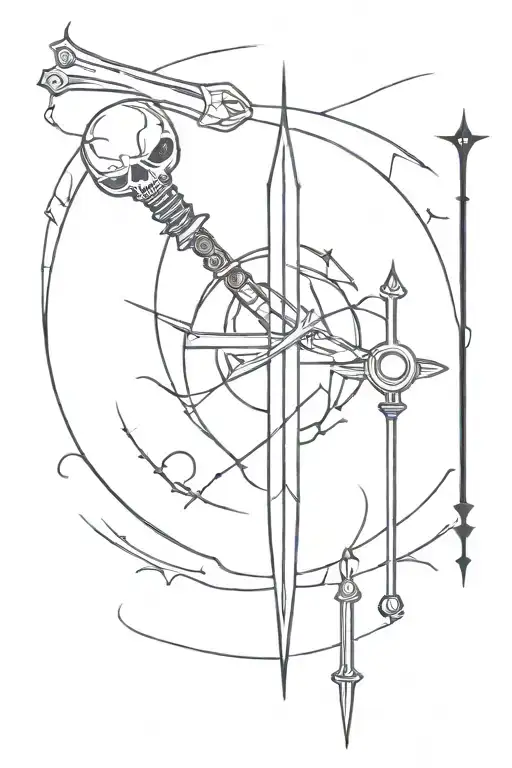 torch that looks like a dagger + triple moon symbol + skeleton key tattoo design idea