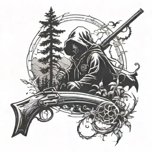 A nature scene with a hidden gun and grim reaper silhouette, representing the duality of life and death tattoo design idea
