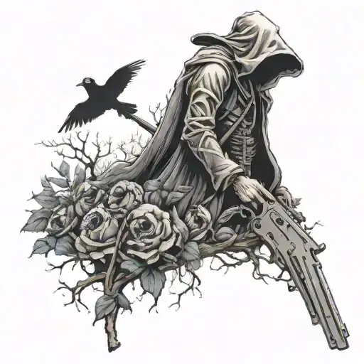 A nature scene with a hidden gun and grim reaper silhouette, representing the duality of life and death tattoo design idea