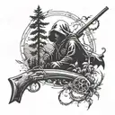 A nature scene with a hidden gun and grim reaper silhouette, representing the duality of life and death tattoo design idea