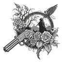 A nature scene with a hidden gun and grim reaper silhouette, representing the duality of life and death tattoo design idea