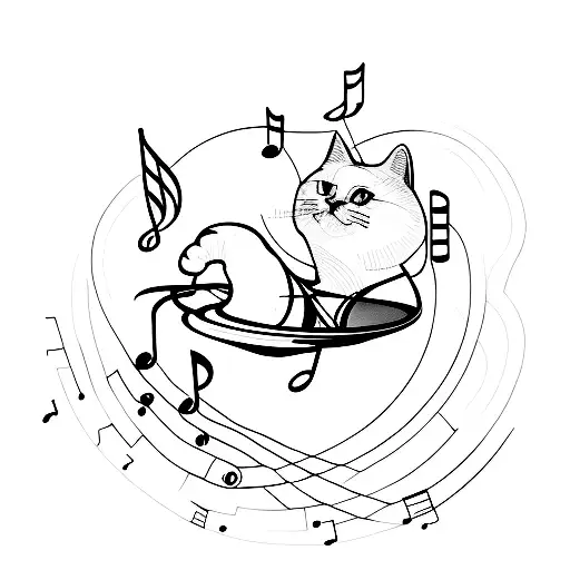 A minimalist tattoo of a human cat holding a  wine glass with musical notes floating out of it tattoo design idea
