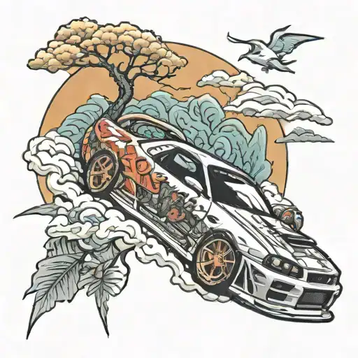 skyline r 34 with a japanese paradise  tattoo design idea