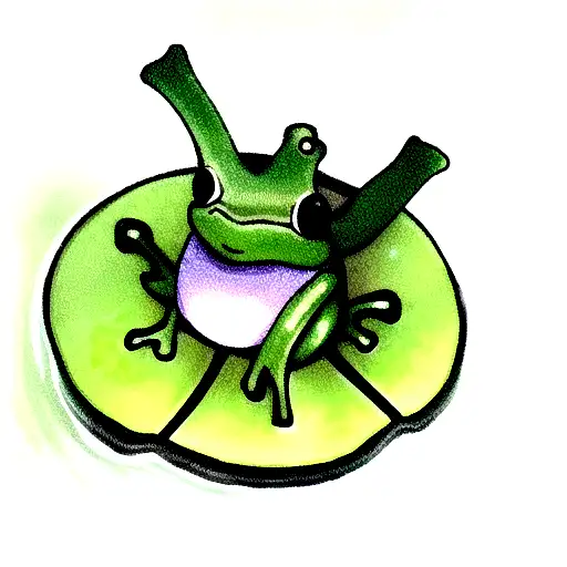 green frog on small dark green lily pad, in a pond on blue water tattoo design idea