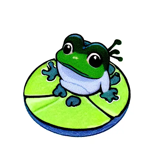 cute cartoon Green frog sitting directly on a lily pad, in a small pond of blue water with small grey rocks around it. tattoo design idea