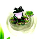 cute cartoon Green frog sitting on a lily pad, in a small pond of water with small grey rocks around it. tattoo design idea