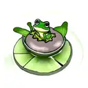 cute cartoon Green frog sitting on a lily pad, in a small pond of water with small grey rocks around it. tattoo design idea