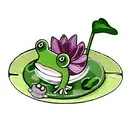 cute cartoon Green frog sitting on a lily pad, in a small pond of water with small grey rocks around it. tattoo design idea