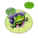 cute cartoon Green frog sitting on a lily pad, in a small pond of water with small grey rocks around it. tattoo design idea