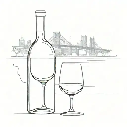 A minimalist line art representation of a wine bottle and glass, with the silhouette of the Luis I bridge in the background tattoo design idea