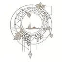 An intricate geometric design inspired by the Luis I bridge, incorporating elements of port wine barrels and grapes tattoo design idea