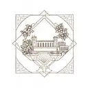 An intricate geometric design inspired by the Luis I bridge, incorporating elements of port wine barrels and grapes tattoo design idea