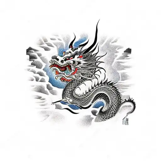 chinese dragon and tiger in wall waterfall landscape tattoo design idea