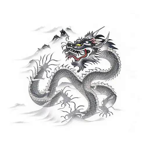chinese dragon and tiger in wall waterfall landscape tattoo design idea