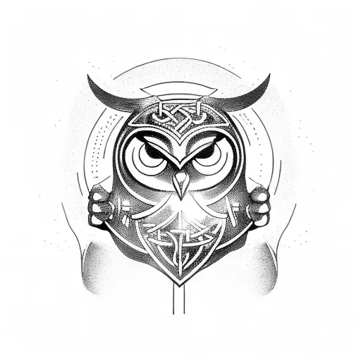 A powerful Viking god holding a glowing rune in one hand and an owl perched on the other hand tattoo design idea