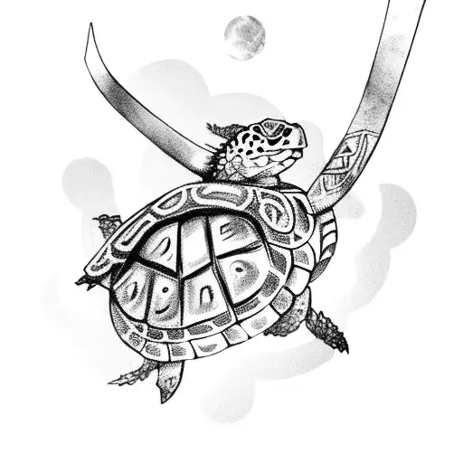 A fierce Viking warrior riding a sea turtle with intricate Viking symbols and runes adorning its shell tattoo design idea