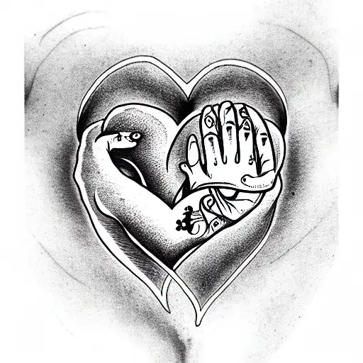 black and white; realistic heart; hands control the heart like a puppet tattoo design idea