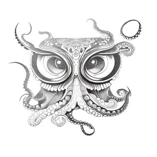Combine an octopus and an owl in a dotwork style tattoo, with crows perched on their tentacles tattoo design idea