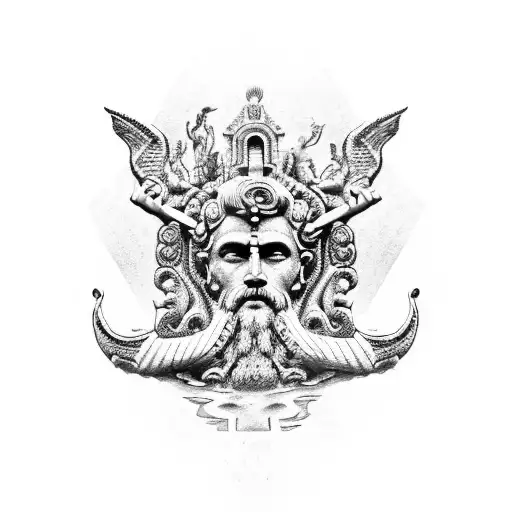 A dotwork tattoo showcasing the fusion of Mexican and Greek architectural motifs, with Poseidon and Zeus standing as guardians tattoo design idea