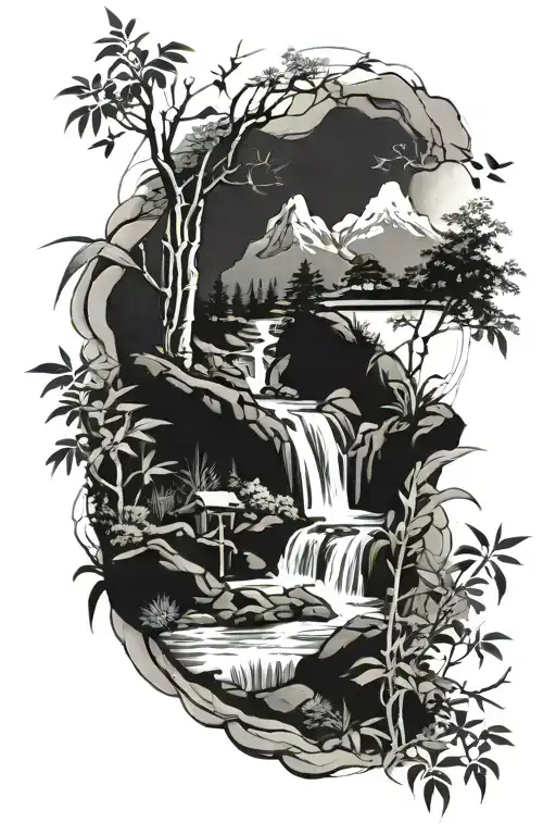 sleeve tattoo featuring mountain stream flowing down the arm.  at the top sparrows in bamboo and marine life at bottom tattoo design idea