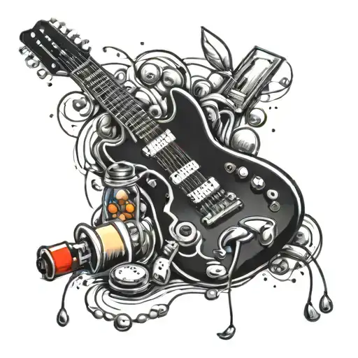 An electrifying tattoo design of an electric guitar with a realistic pill bottle and pills scattered around it, representing the client's love for music and their career in pharmacy tattoo design idea
