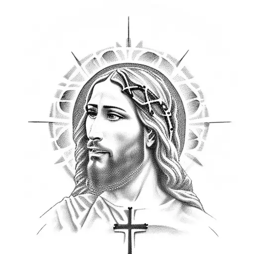 A detailed portrait of Jesus Christ holding a rosary and praying the Lord's Prayer tattoo design idea