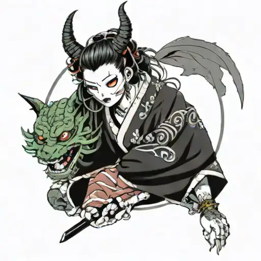 catears headphones, messy bun hair with window bangs, anime eyes, half hannya mask, off-shoulder kimono, sword, dragon   tattoo design idea