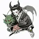 catears headphones, messy bun hair with window bangs, anime eyes, half hannya mask, off-shoulder kimono, sword, dragon   tattoo design idea