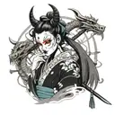 catears headphones, messy bun hair with window bangs, anime eyes, half hannya mask, off-shoulder kimono, sword, dragon   tattoo design idea