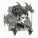 catears headphones, messy bun hair with window bangs, anime eyes, half hannya mask, off-shoulder kimono, sword, dragon   tattoo design idea