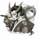 catears headphones, messy bun hair with window bangs, anime eyes, half hannya mask, off-shoulder kimono, sword, dragon   tattoo design idea
