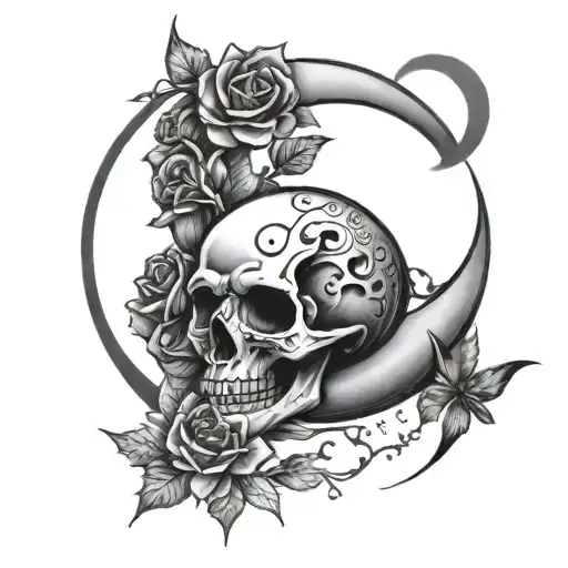 waxing crescent moon with skulls and flowers punk rock inspired tattoo design idea