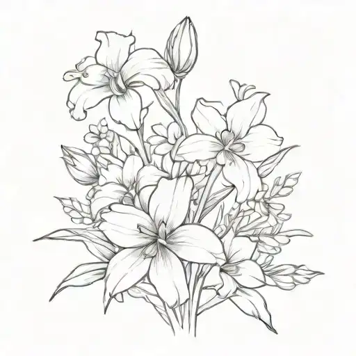 flower bouquet with an iris a daffodil a daisy a lily and an aster tattoo design idea