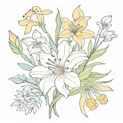 flower bouquet with iris daffodil daisy lily and aster tattoo design idea