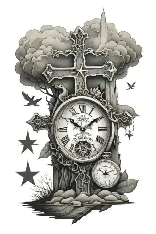 three cross on a hill over 3 clocks tattoo design idea