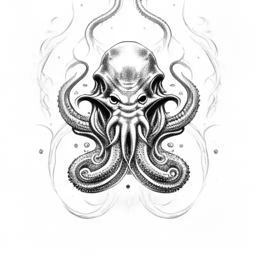 Cthulhu head with tentacles, black backgorund and smoke, negative lettering the phrase "division 12154"  tattoo design idea