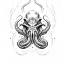 Cthulhu head with tentacles, black backgorund and smoke, negative lettering the phrase "division 12154"  tattoo design idea