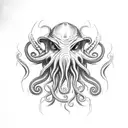 Cthulhu head with tentacles, black backgorund and smoke, negative lettering the phrase "division 12154"  tattoo design idea