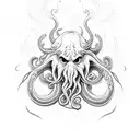 Cthulhu head with tentacles, black backgorund and smoke, negative lettering the phrase "division 12154"  tattoo design idea