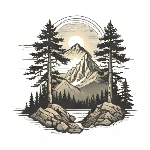 Three mountains. A cross in the background on the middle mountain. Trees and a sun coming up in the background  tattoo design idea
