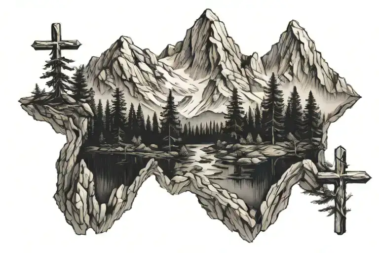 Three mountains with forrest trees and a cross tattoo tattoo design idea