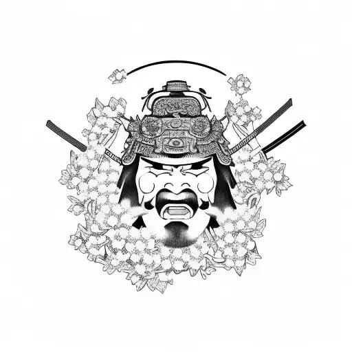 Samurai warrior with a Hannya mask surrounded by cherry blossoms tattoo design idea