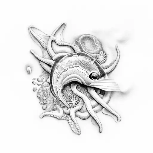 A tattoo capturing the essence of the beach with sea creatures in dotwork style tattoo design idea