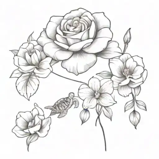one rose flower, one carnation flower, one orchid flower, one sea turtle  tattoo design idea