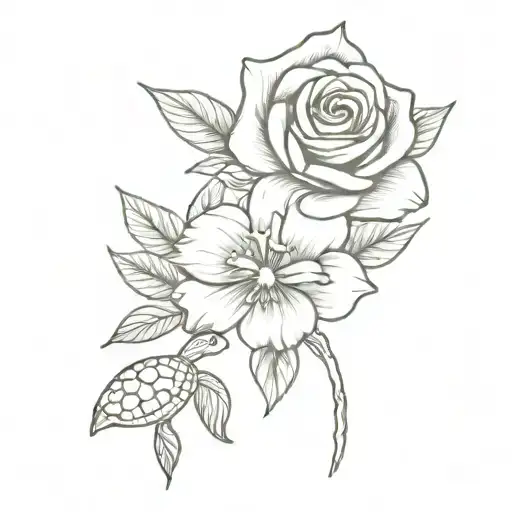Single rose, single orchid, single carnation, and a sea turtle. tattoo design idea