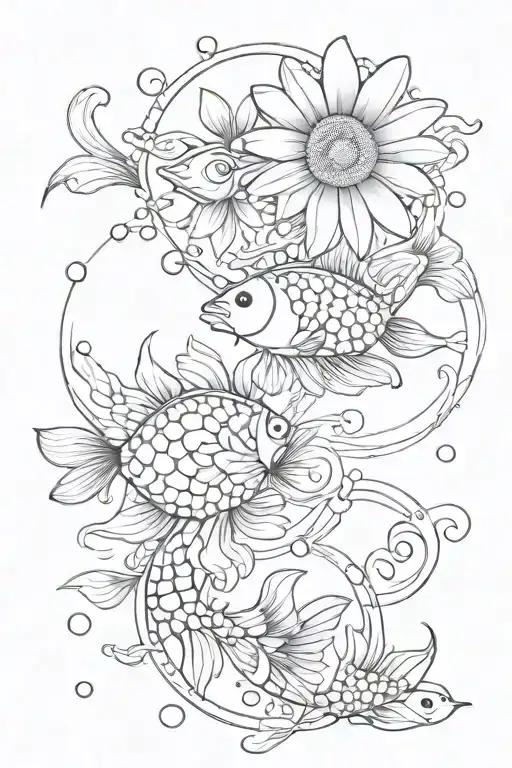 daisy flower, pisces fish swimming ying yang symbol formed tattoo design idea